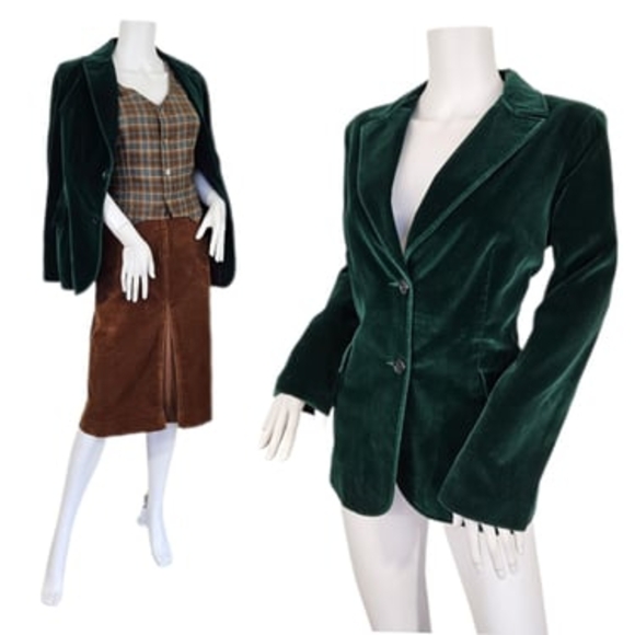 Women's Vintage Blazer Koret California Velvet Jacket Suit Emerald Green 1970's - Picture 1 of 9